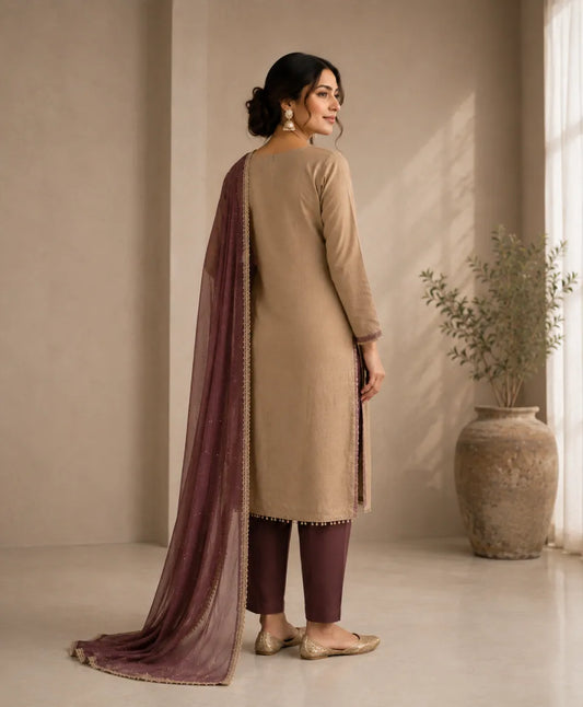 Cocoa Elegance Designer Unstitched Suit Set