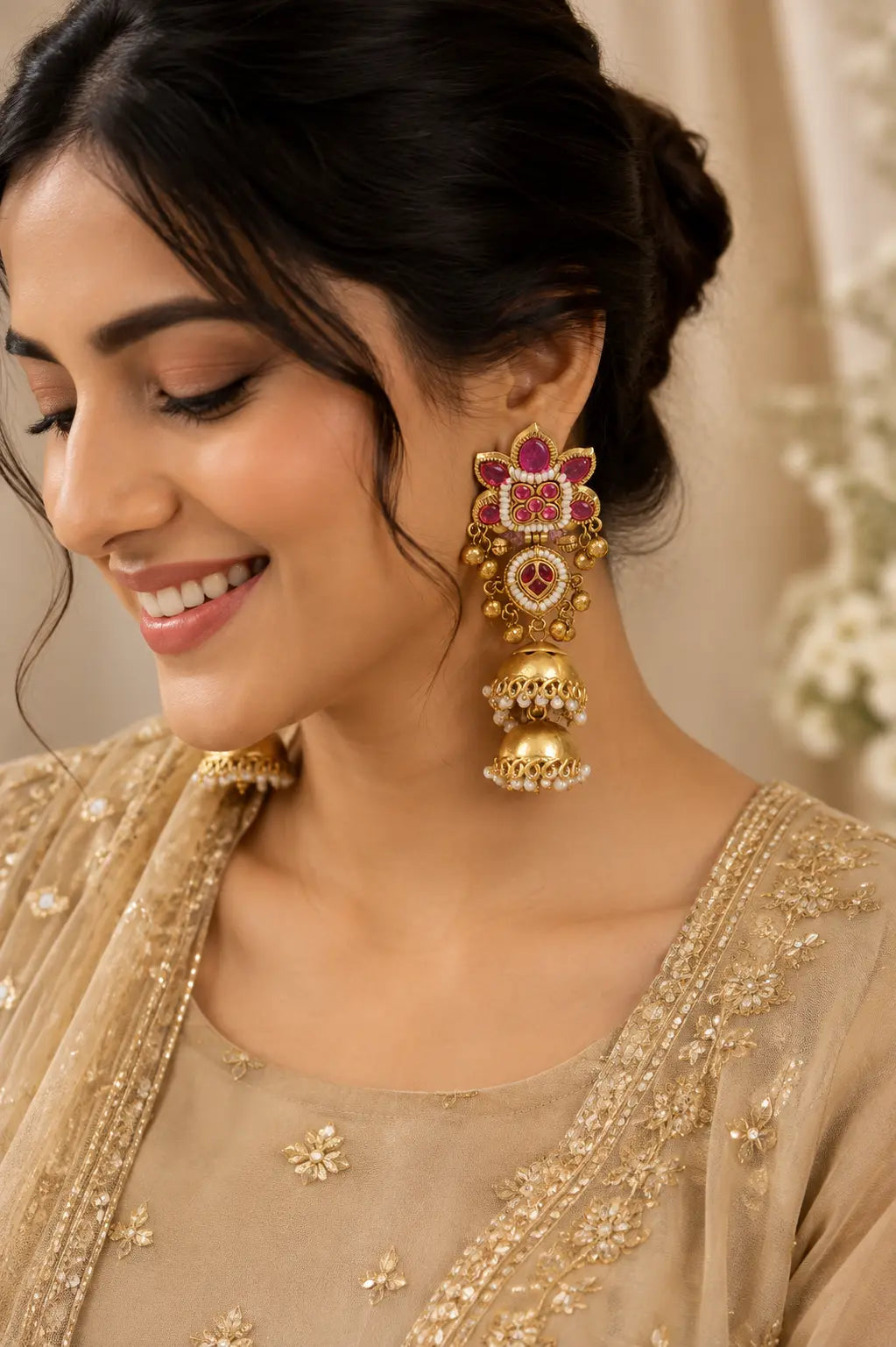 Ruby Pearl Double Jhumka Earrings