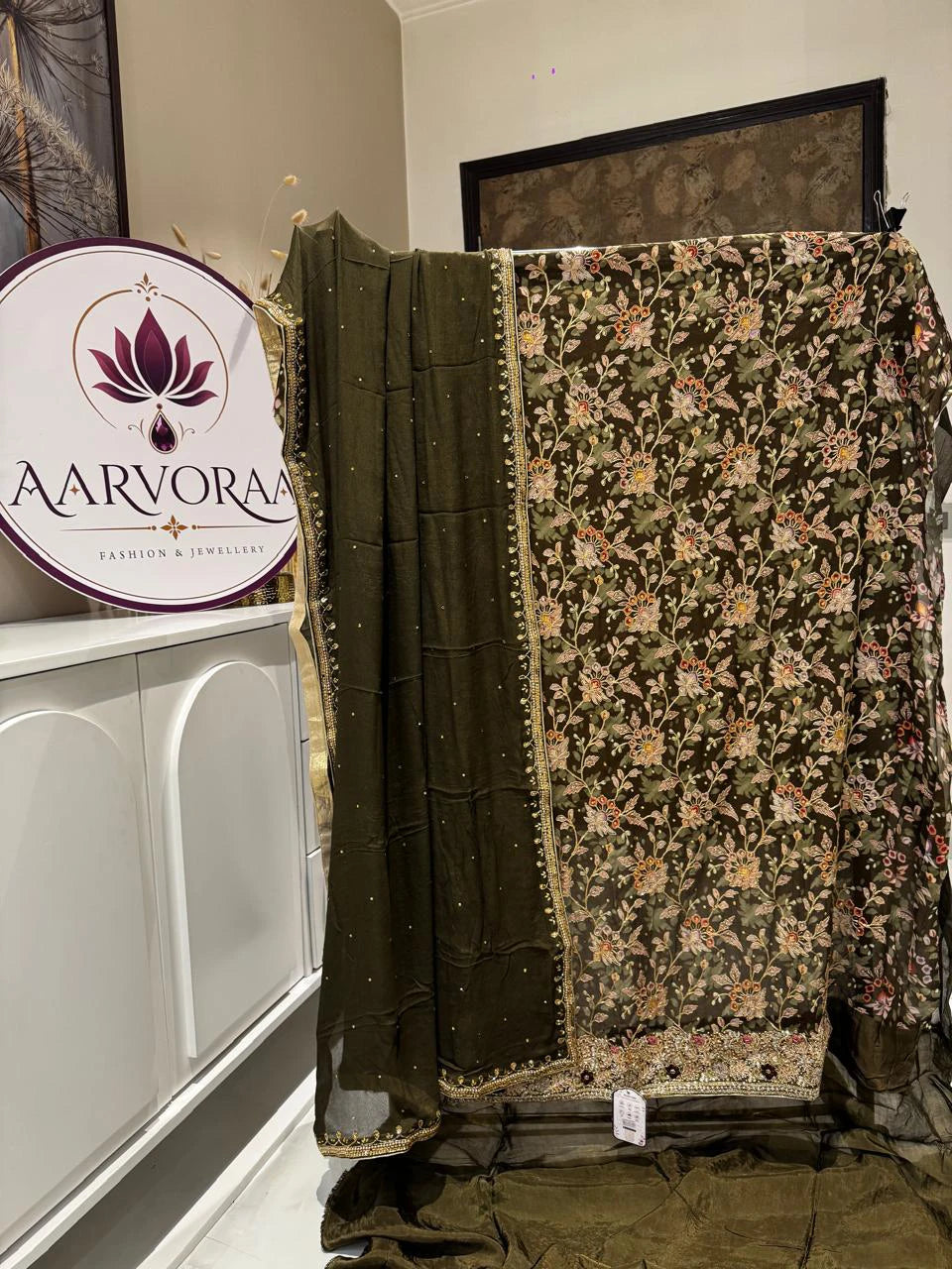 Olive Green Floral Embroidered Suit Set