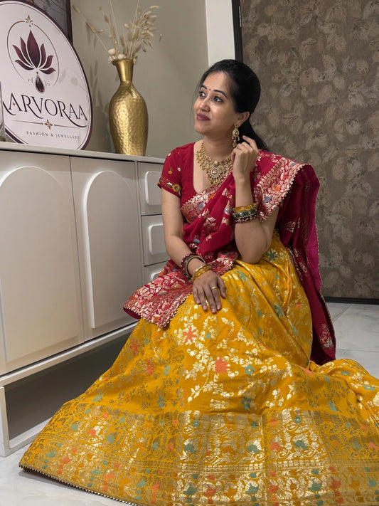 Mustard Yellow & Maroon Embroidered Lehenga Set
