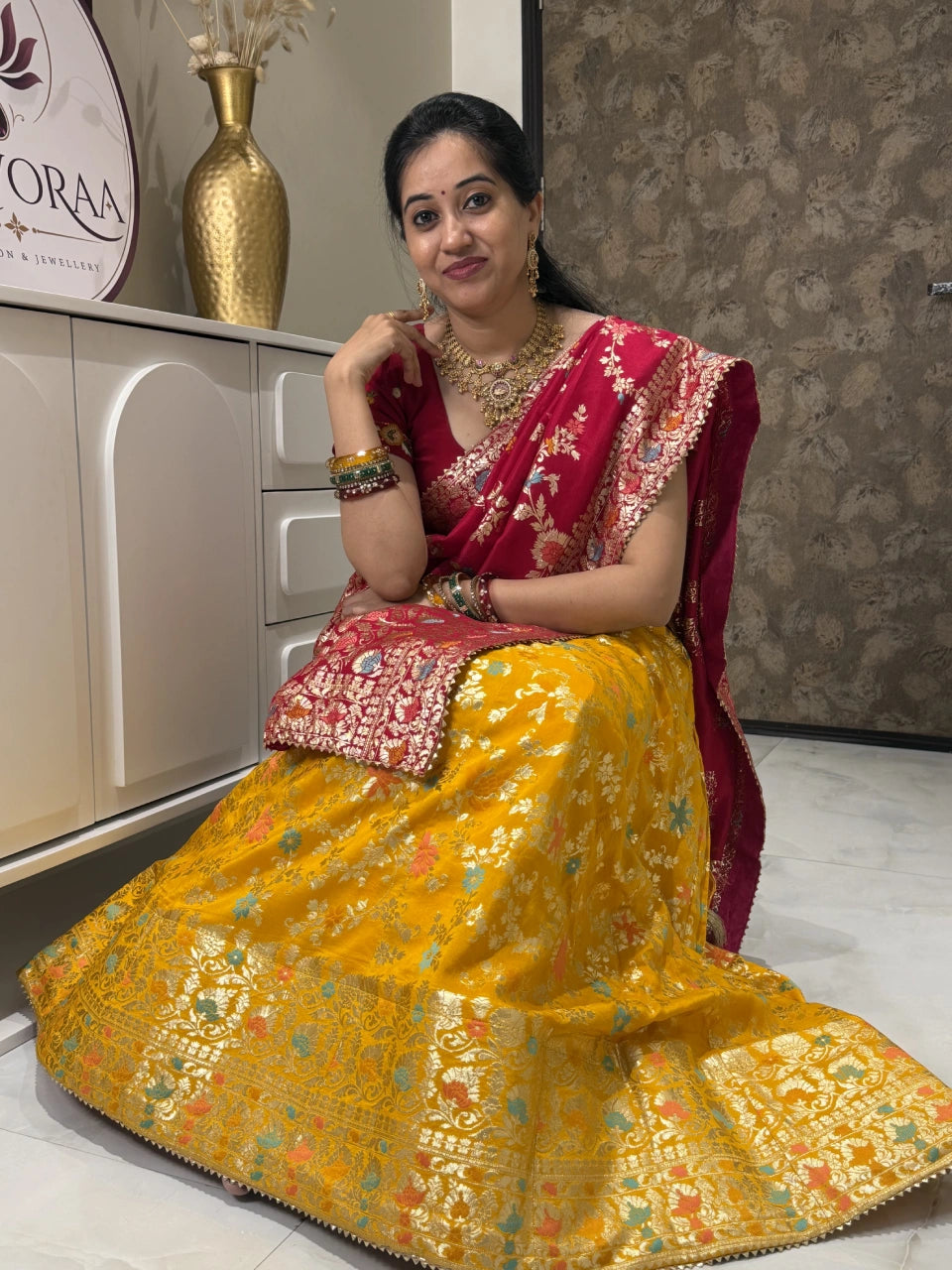 Mustard Yellow & Maroon Embroidered Lehenga Set