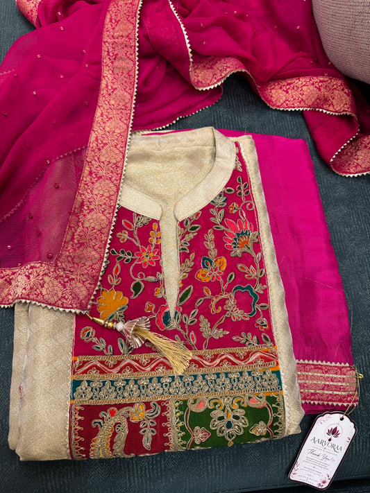Elegant Banarasi Embroidered Kurta Set with Printed Dupatta