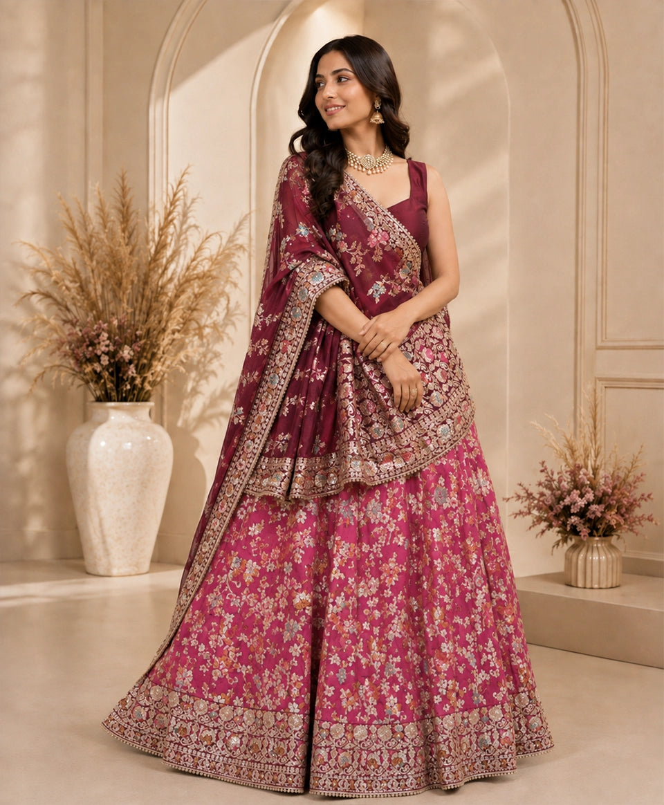Gulnaar Heritage Floral Banarasi Lehenga with Dupatta