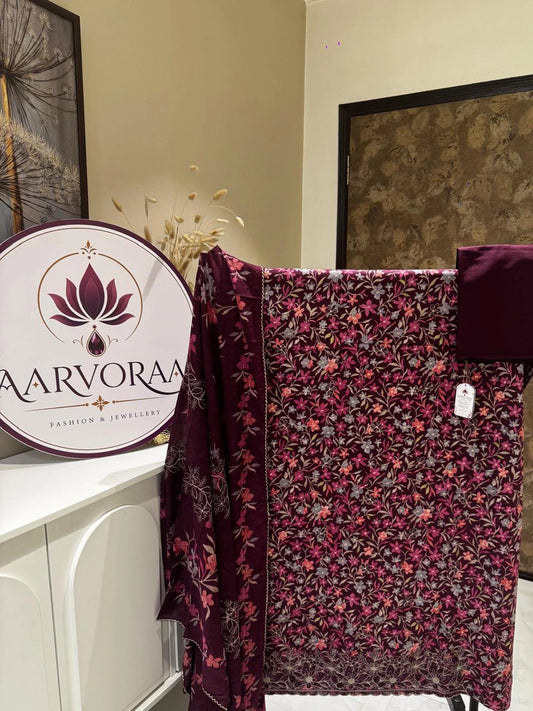 Wine Floral Embroidered Suit Set