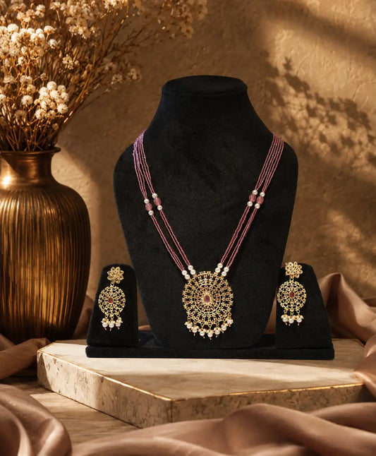 Gulnaar Pink Beaded Pendant Necklace Set