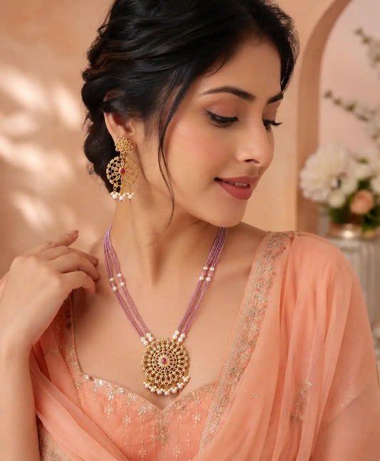 Gulnaar Pink Beaded Pendant Necklace Set