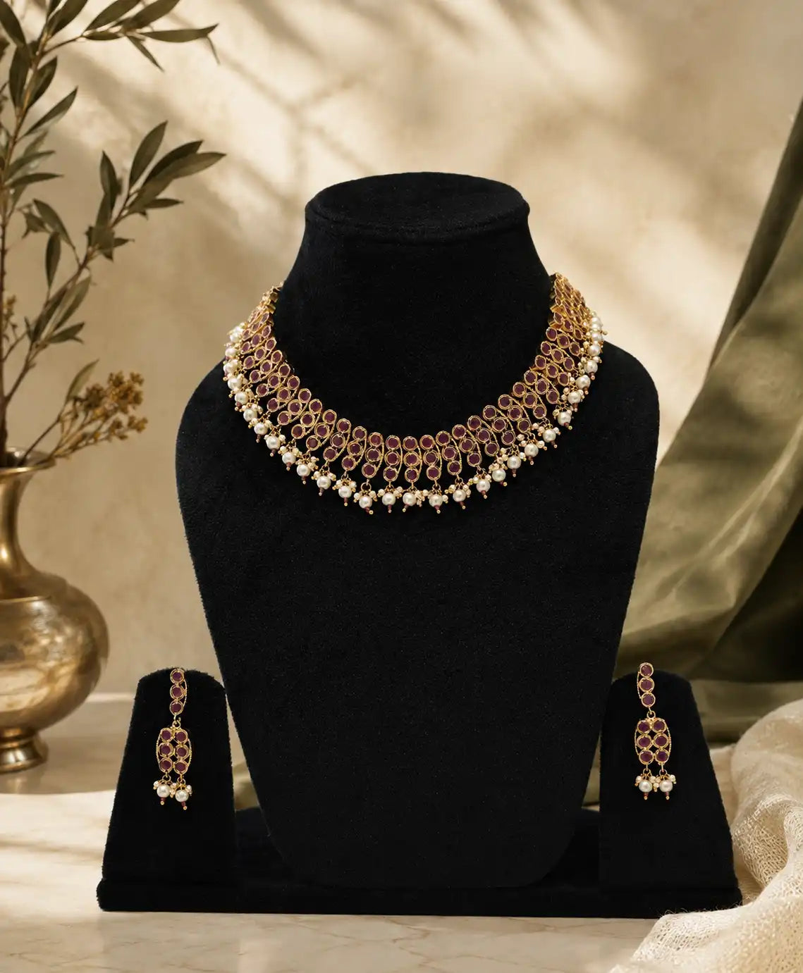 Royal Ruby Pearl Choker Necklace Set