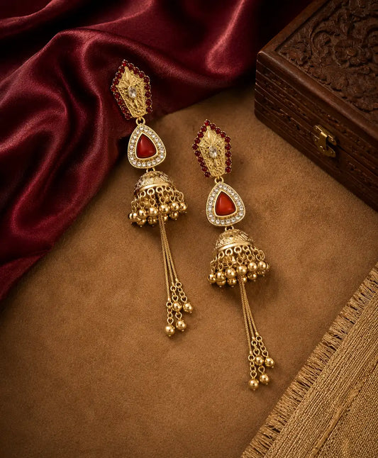 Royal Ruby Jhumka Tassel Earrings