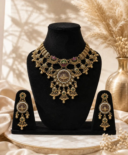 Royal Lotus Antique Temple Necklace Set
