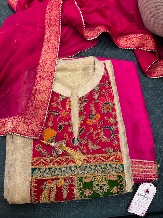 Elegant Banarasi Embroidered Kurta Set with Printed Dupatta