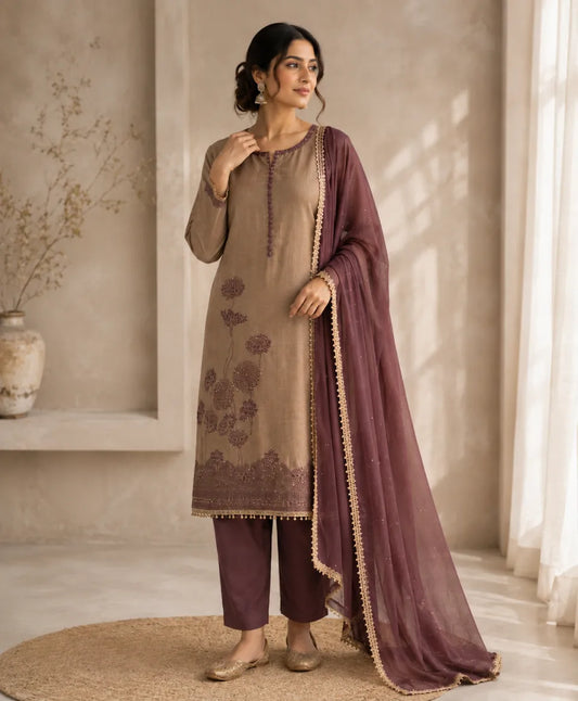 Cocoa Elegance Designer Unstitched Suit Set
