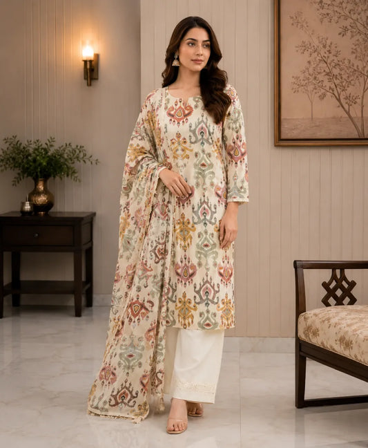 Ivory Blossom Printed Unstitched Suit Set