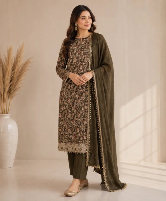Olive Noir Embroidered Unstitched Suit Set