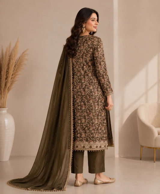 Olive Noir Embroidered Unstitched Suit Set