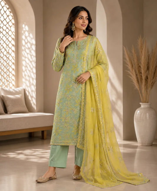 Lime Blossom Embroidered Unstitched Suit Set