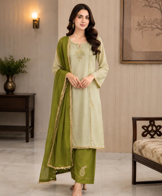 Olive Mist Embroidered Unstitched Suit Set