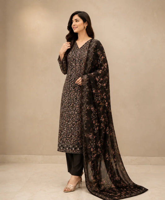 Midnight Bloom Printed Unstitched Suit Set