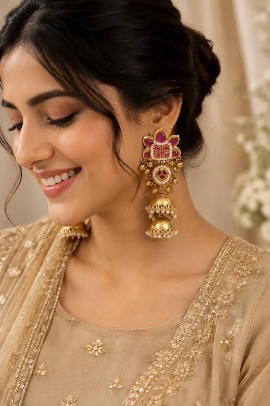 Ruby Pearl Double Jhumka Earrings