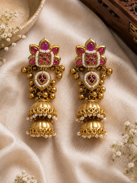 Ruby Pearl Double Jhumka Earrings