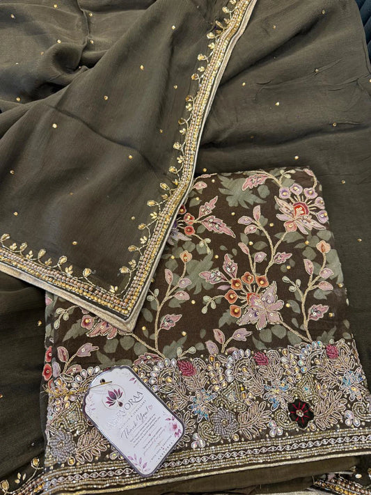 Olive Green Floral Embroidered Suit Set