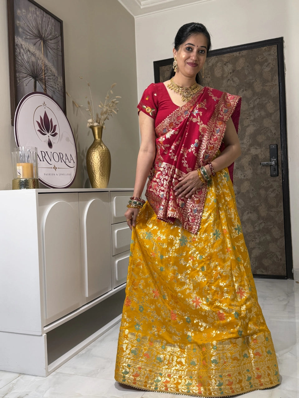Mustard Yellow & Maroon Embroidered Lehenga Set