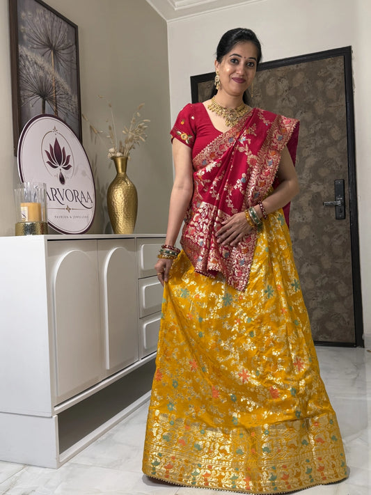 Mustard Yellow & Maroon Embroidered Lehenga Set