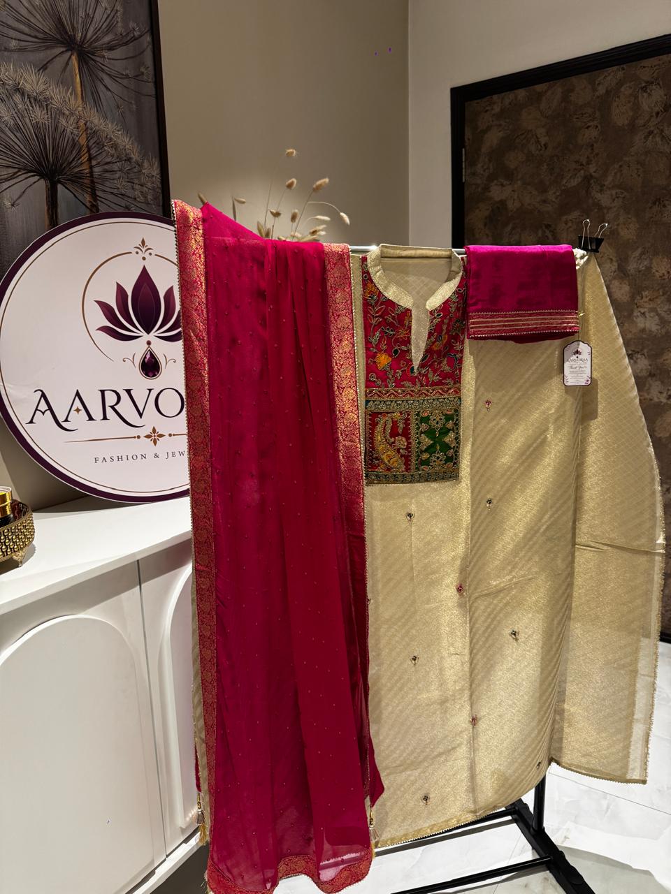 Elegant Banarasi Embroidered Kurta Set with Printed Dupatta