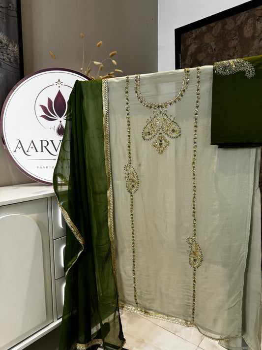 Olive Mist Embroidered Unstitched Suit Set