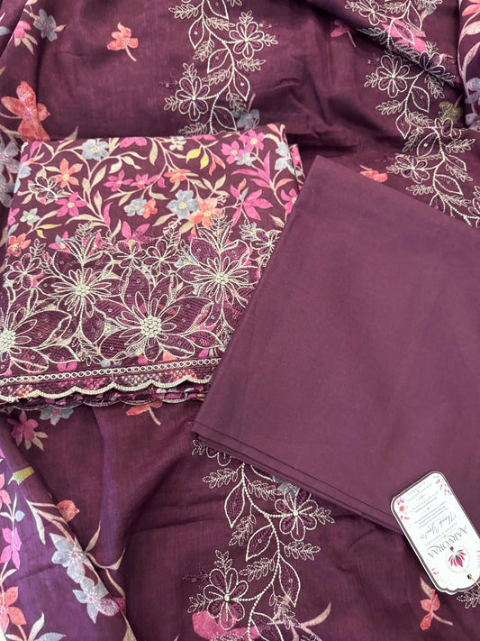 Wine Floral Embroidered Suit Set